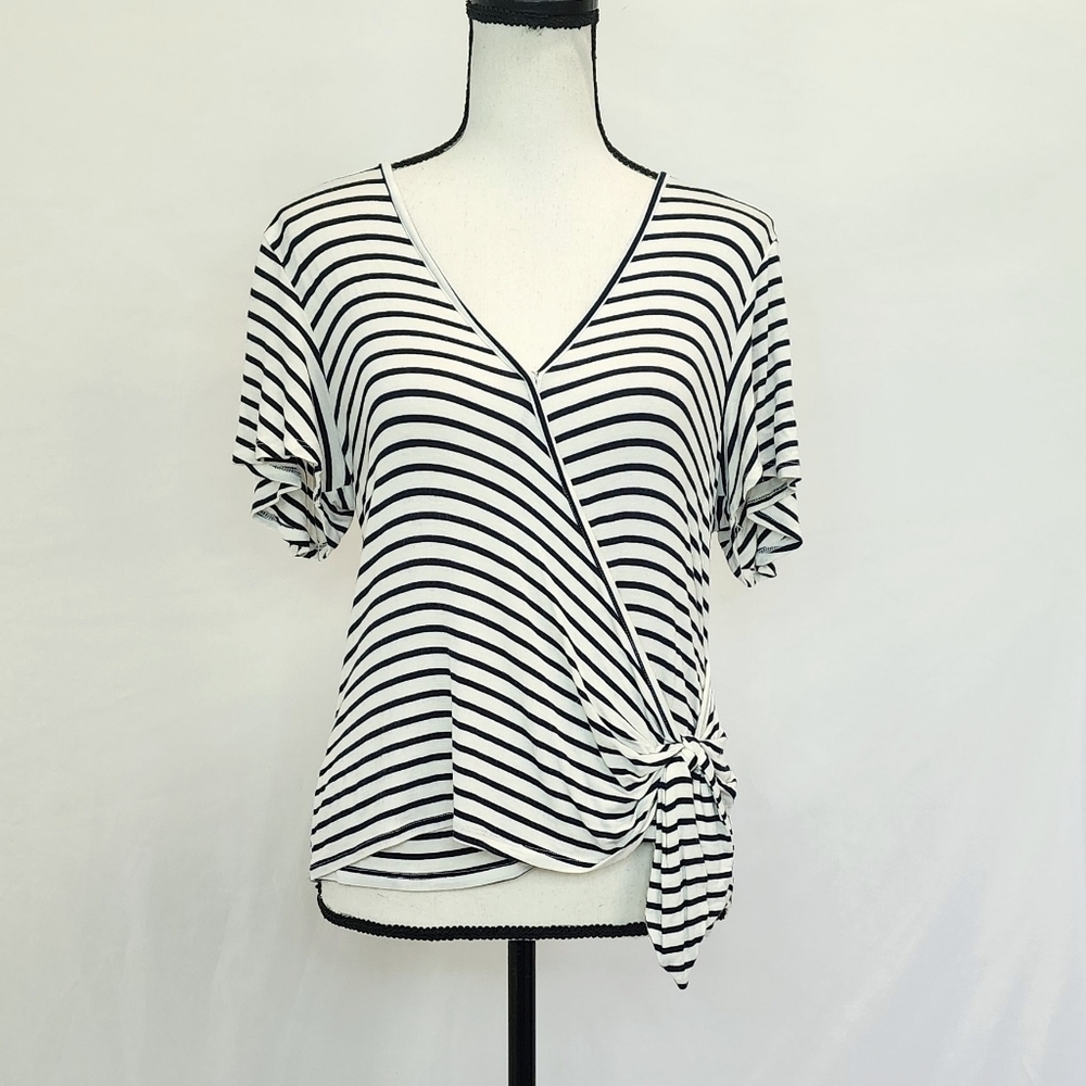 Jolt Faux Wrap Stripe Short Sleeve Top